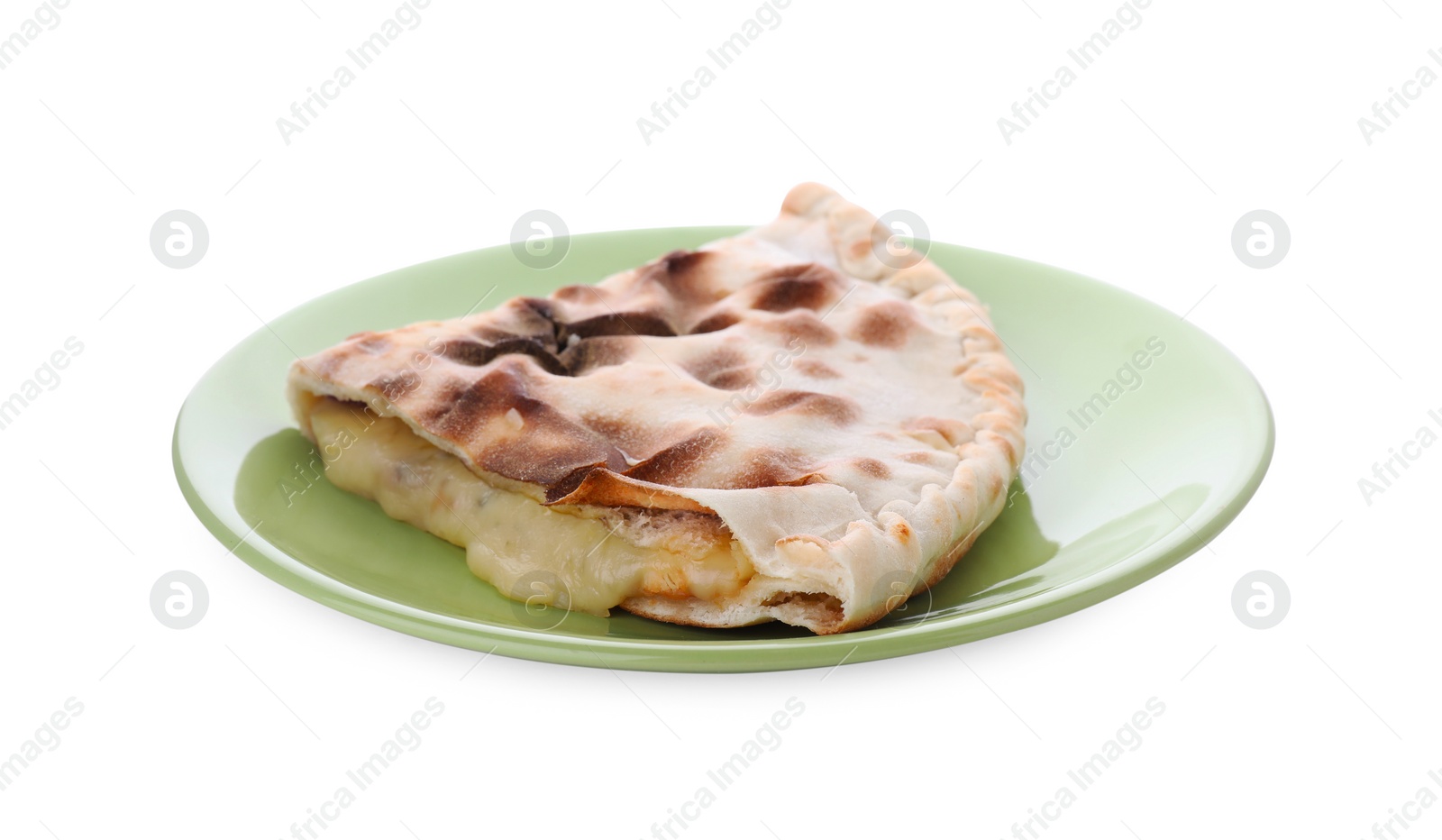 Photo of Tasty pizza calzone with cheese isolated on white