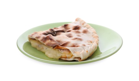 Photo of Tasty pizza calzone with cheese isolated on white