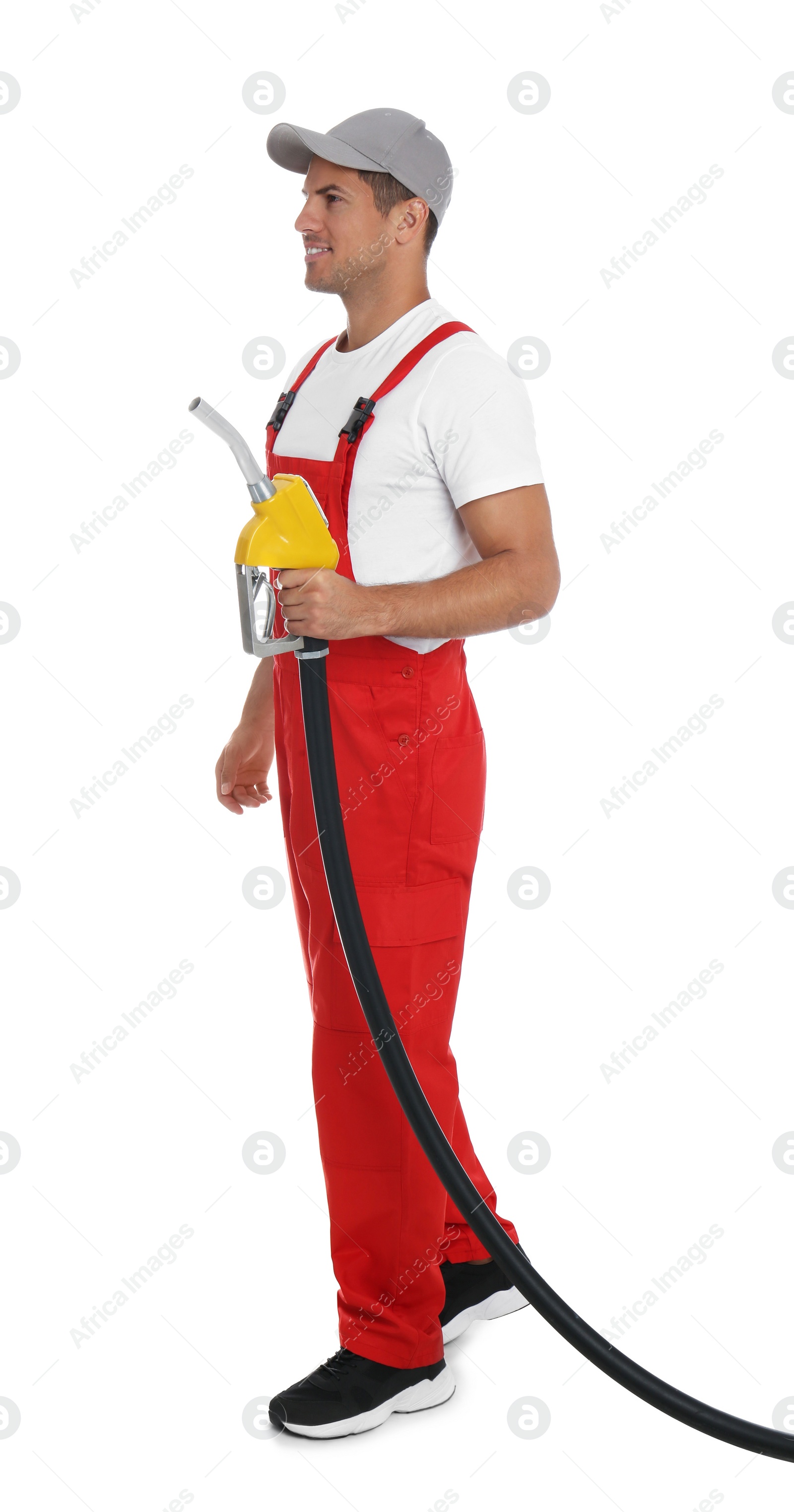 Photo of Gas station worker with fuel nozzle on white background