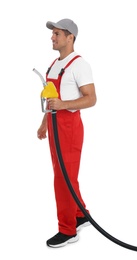 Photo of Gas station worker with fuel nozzle on white background