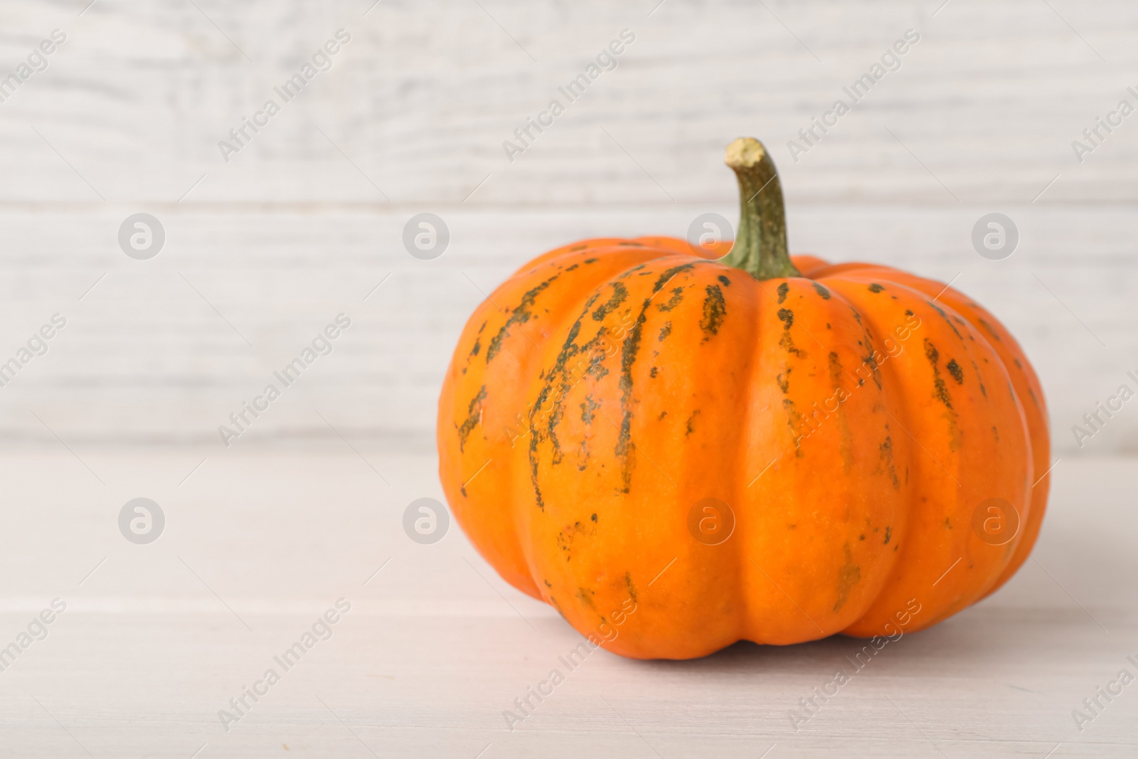 Photo of Fresh ripe pumpkin on white wooden table, space for text