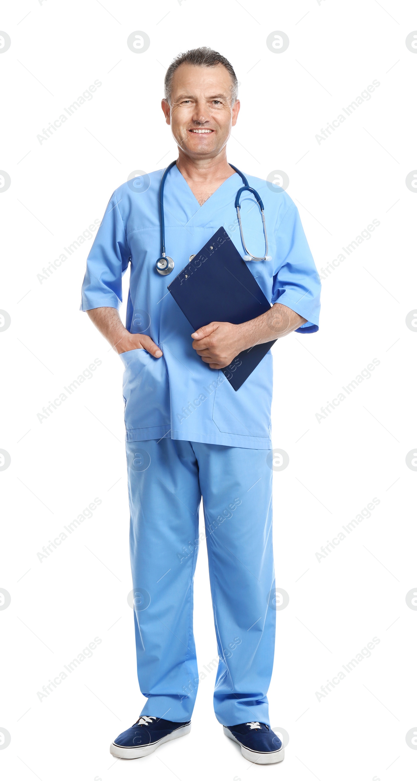 Photo of Full length portrait of experienced doctor in uniform on white background. Medical service