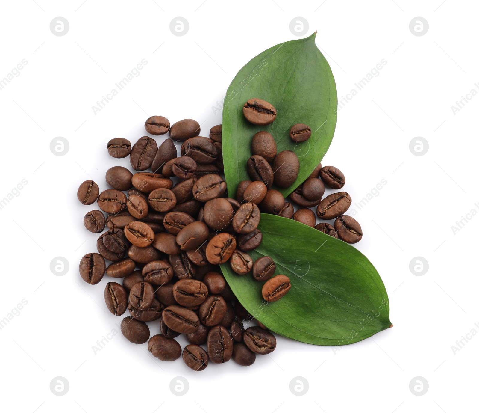 Photo of Coffee beans and leaves on white background, top view