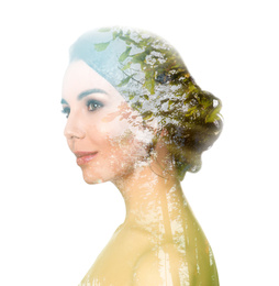 Beautiful woman and trees on white background. Double exposure