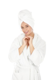 Photo of Portrait of young pretty woman in bathrobe with towel on white background