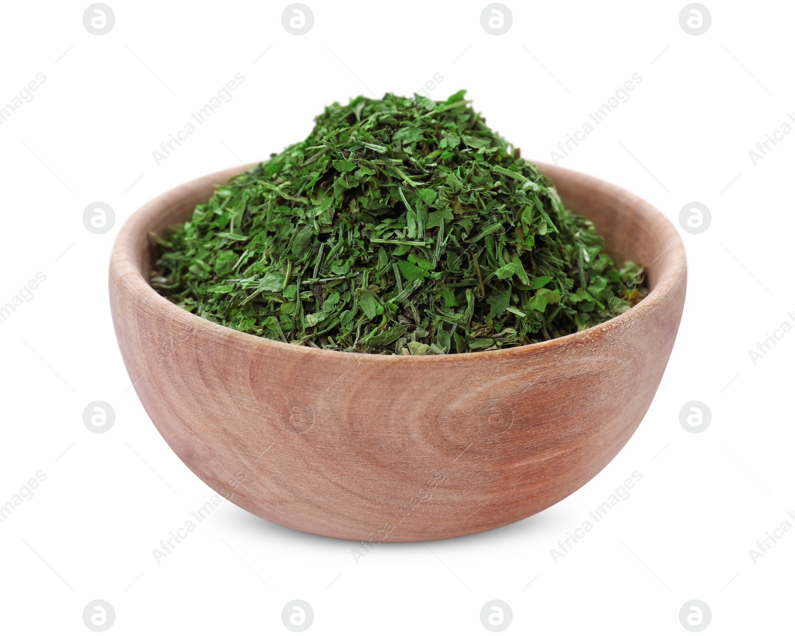 Photo of Bowl of dried parsley isolated on white