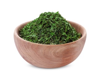 Bowl of dried parsley isolated on white