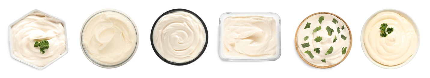 Image of Set with tasty mayonnaise on white background, top view. Banner design