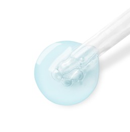 Dropper with serum on white background, top view. Skin care product