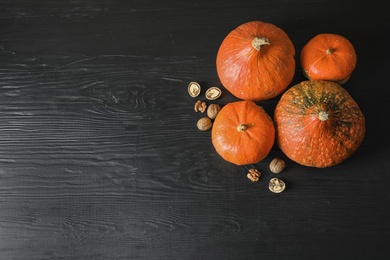 Photo of Orange pumpkins on dark background, flat lay composition with space for text. Autumn holidays