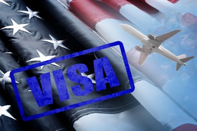 Multiple exposure with airplane in sky, USA flag and stamp of visa