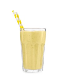 Glass with banana smoothie on white background