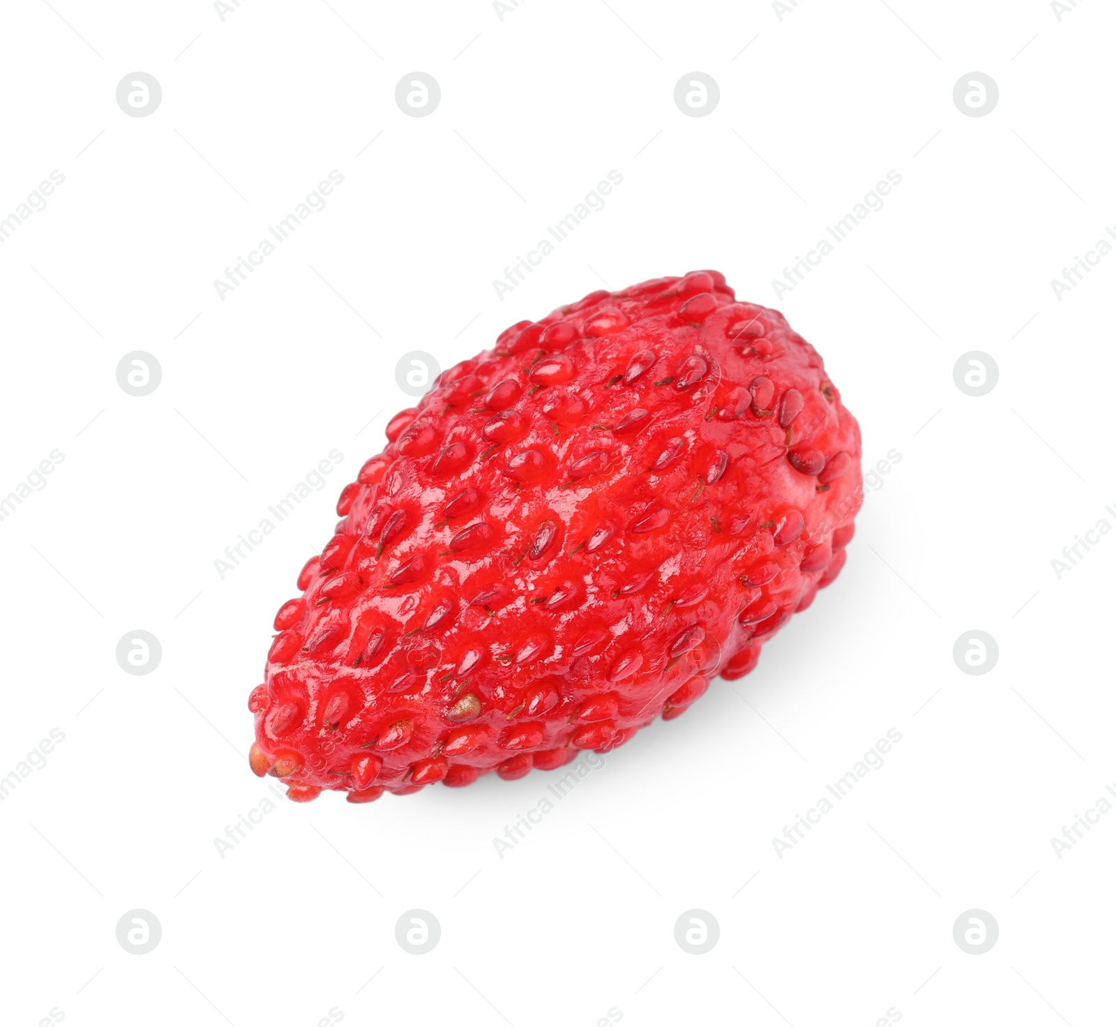 Photo of One ripe wild strawberry isolated on white, top view