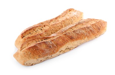 Photo of Tasty buckwheat baguettes on white background. Fresh bread