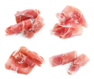 Image of Set of delicious sliced jamon on white background