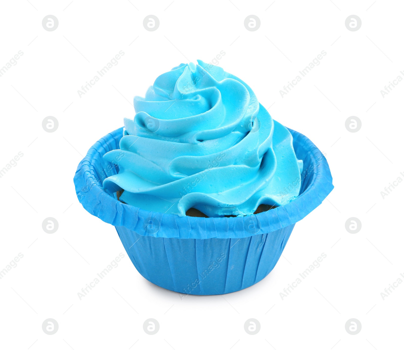 Photo of Tasty cupcake with blue cream isolated on white