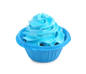Photo of Tasty cupcake with blue cream isolated on white