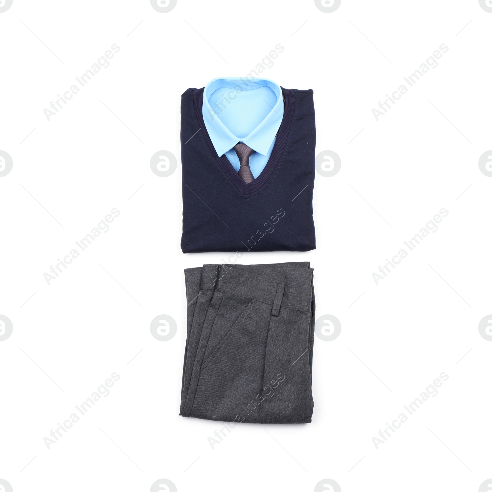 Photo of Stylish school uniform on white background, top view