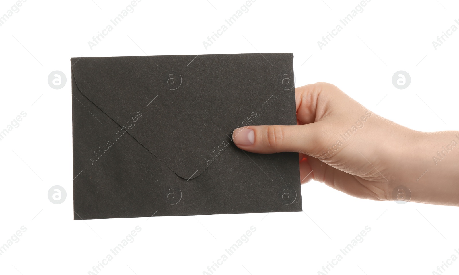 Photo of Woman holding black paper envelope on white background, closeup