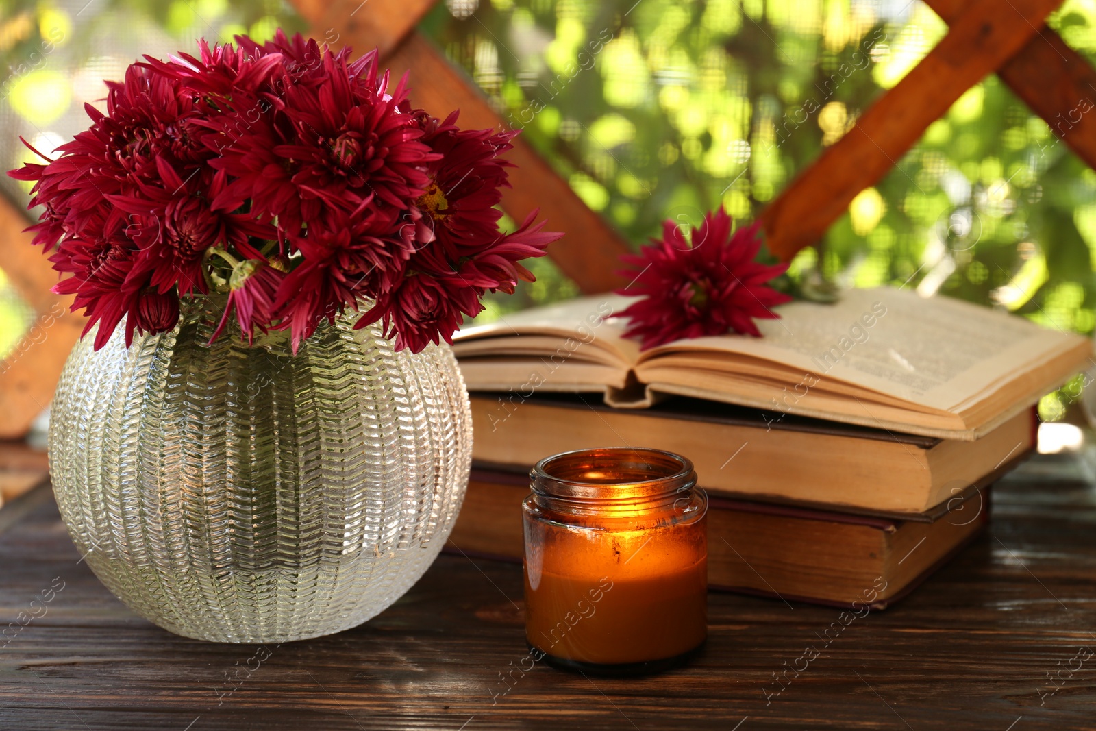 Photo of Beautiful pink chrysanthemum flowers, burning candle and books on wooden table