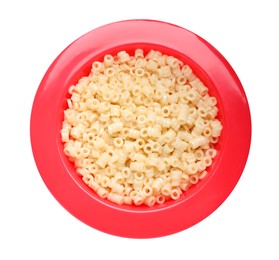Photo of Red bowl with tasty pasta on white background, top view