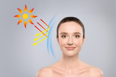 Image of Illustration of sun protection layer and beautiful young woman with healthy skin on grey background