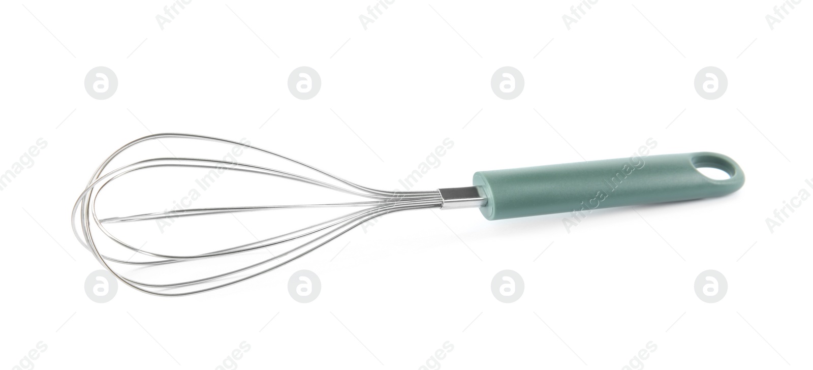 Photo of Metal whisk isolated on white. Kitchen utensil