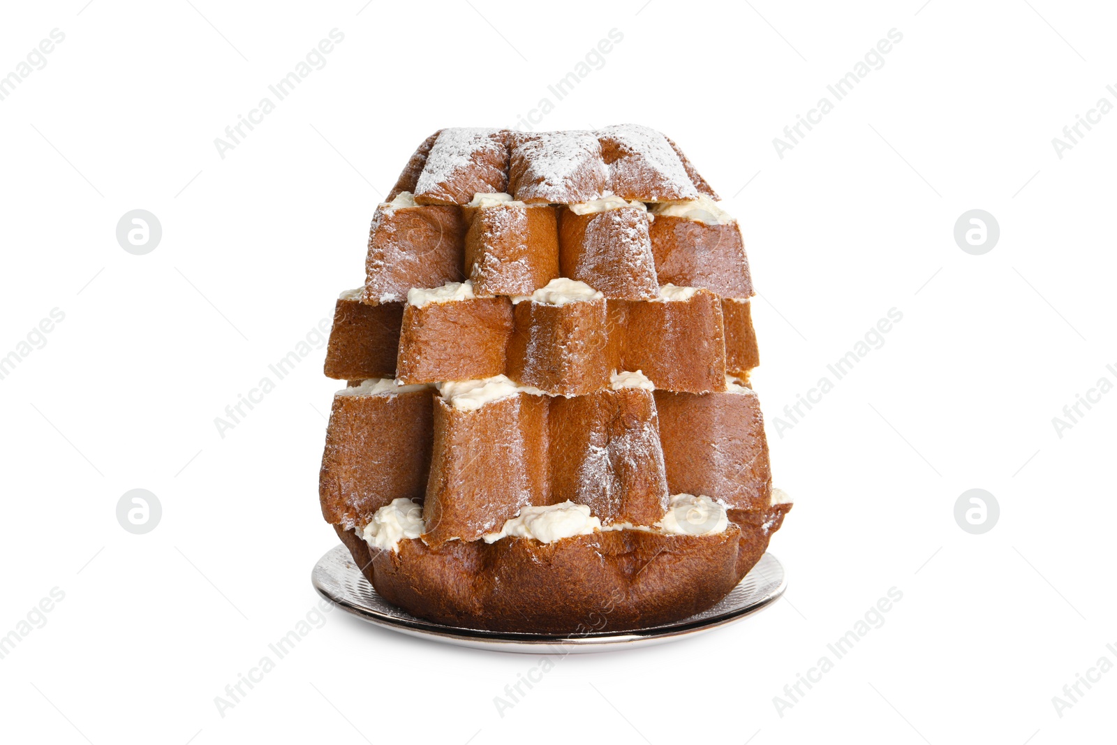 Photo of Delicious Pandoro Christmas tree cake decorated with powdered sugar on white background