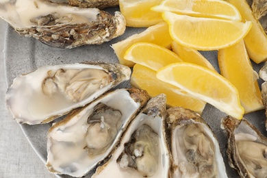 Photo of Top view of fresh oysters with cut juicy lemon on plate, closeup