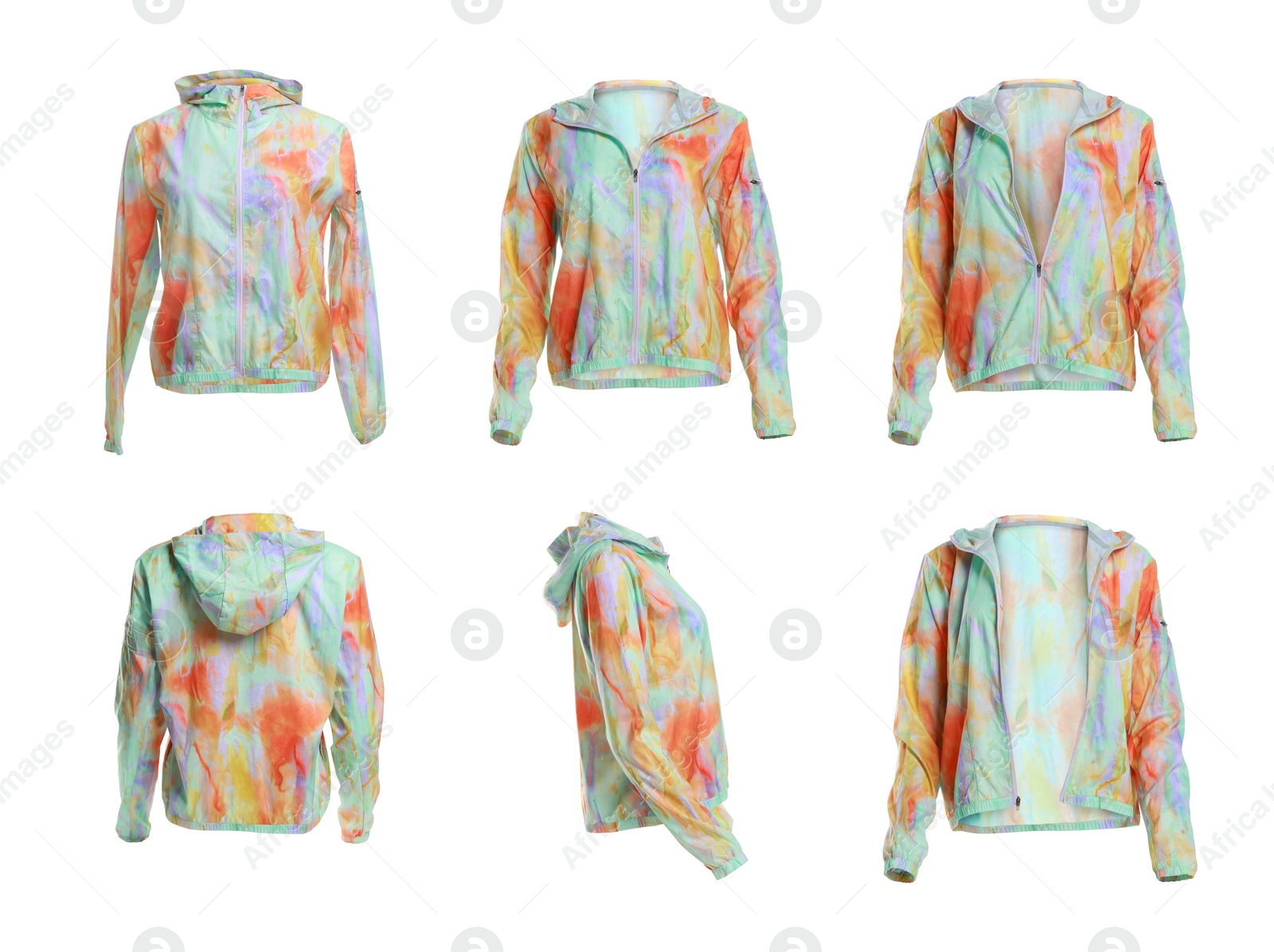 Image of Comfortable sportswear. Collage with bright sports windbreaker on white background, different sides