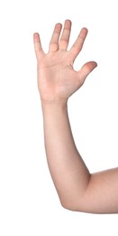 Photo of Man showing palm on white background, closeup