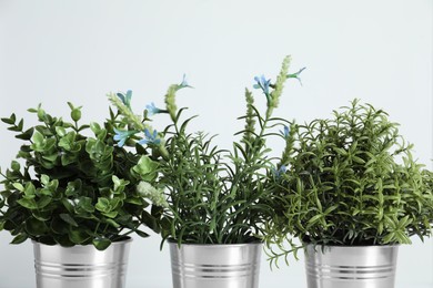 Photo of Different artificial potted herbs on white background, closeup