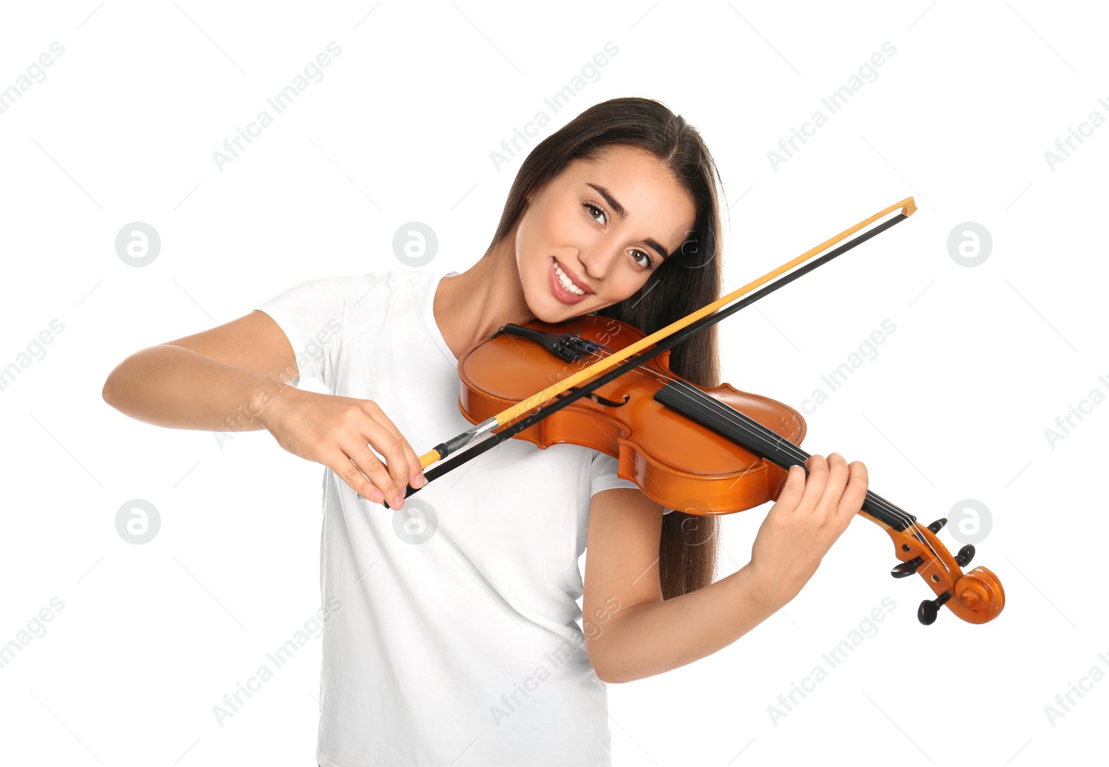 Photo of Beautiful woman playing violin on white background
