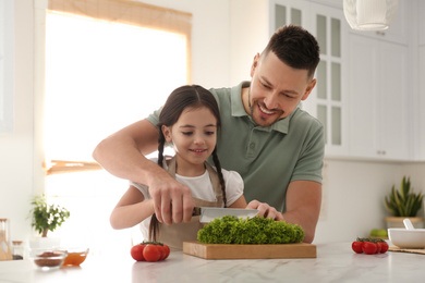 Father and daughter cutting lettuce in kitchen. Cooking together