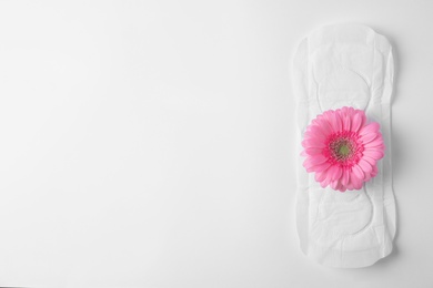 Menstrual pad and flower on white background, top view with space for text. Gynecological care