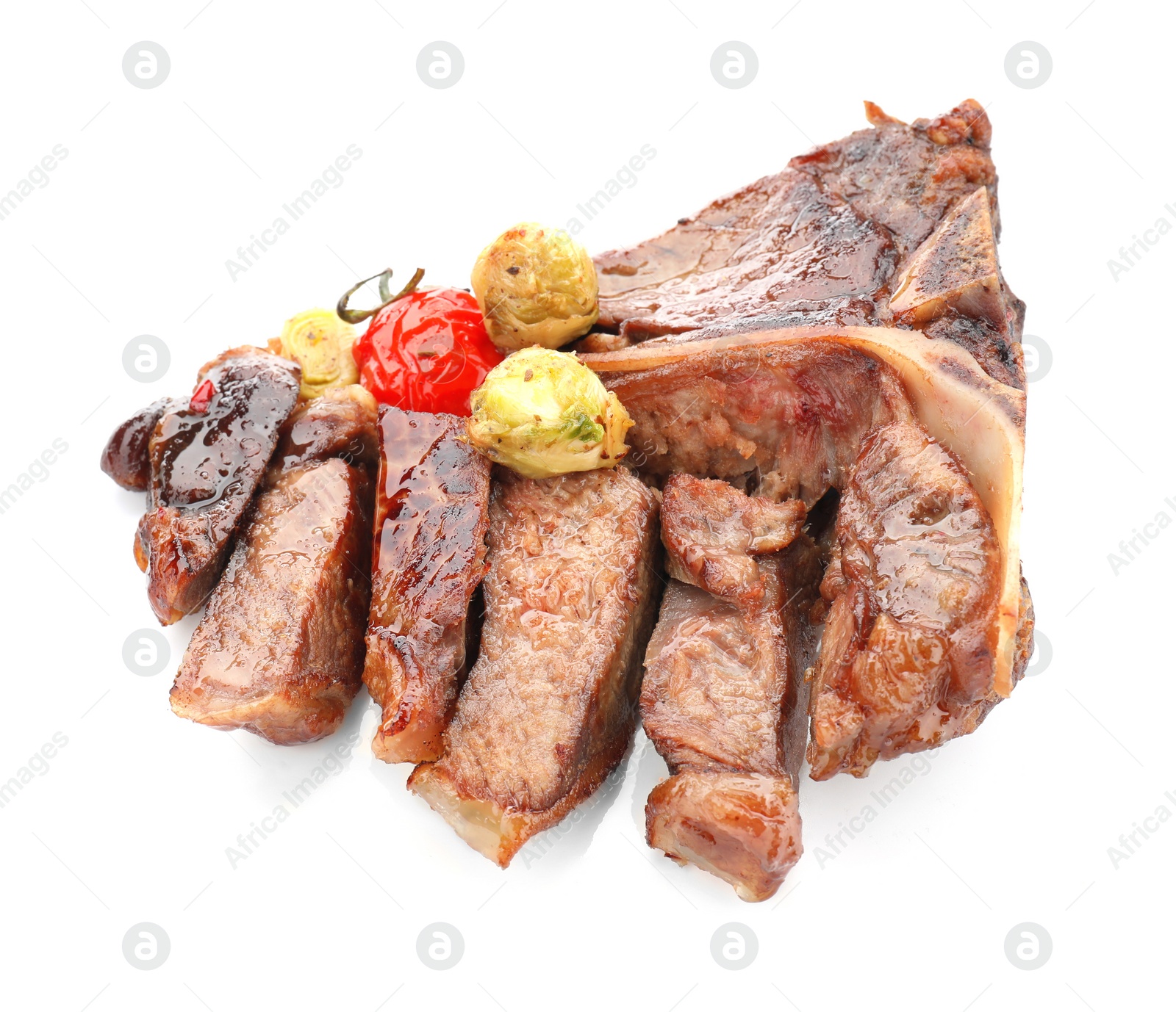 Photo of Delicious grilled beef meat and vegetables isolated on white