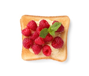 Photo of Tasty toast with butter, raspberry and mint isolated on white, top view
