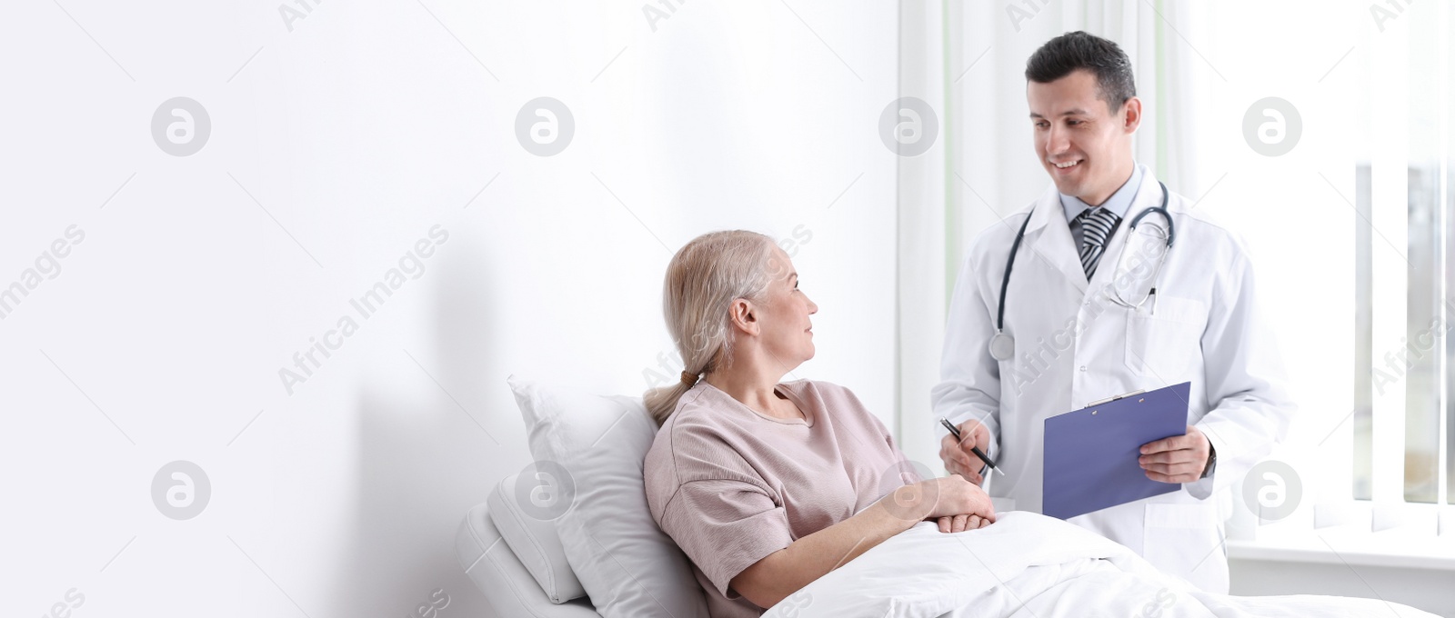 Image of Doctor visiting his patient in hospital ward, space for text. Banner design