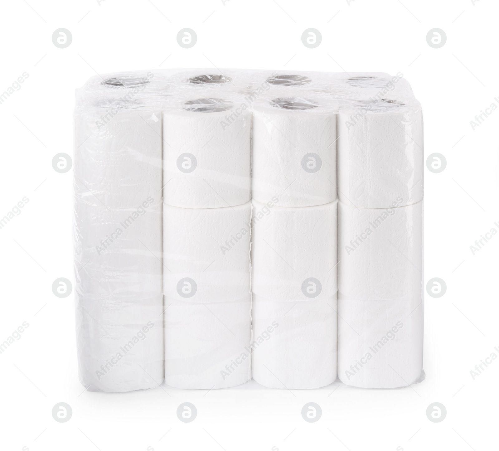 Photo of Package with many soft toilet paper rolls isolated on white