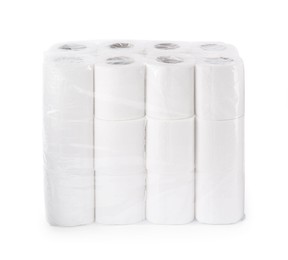 Photo of Package with many soft toilet paper rolls isolated on white