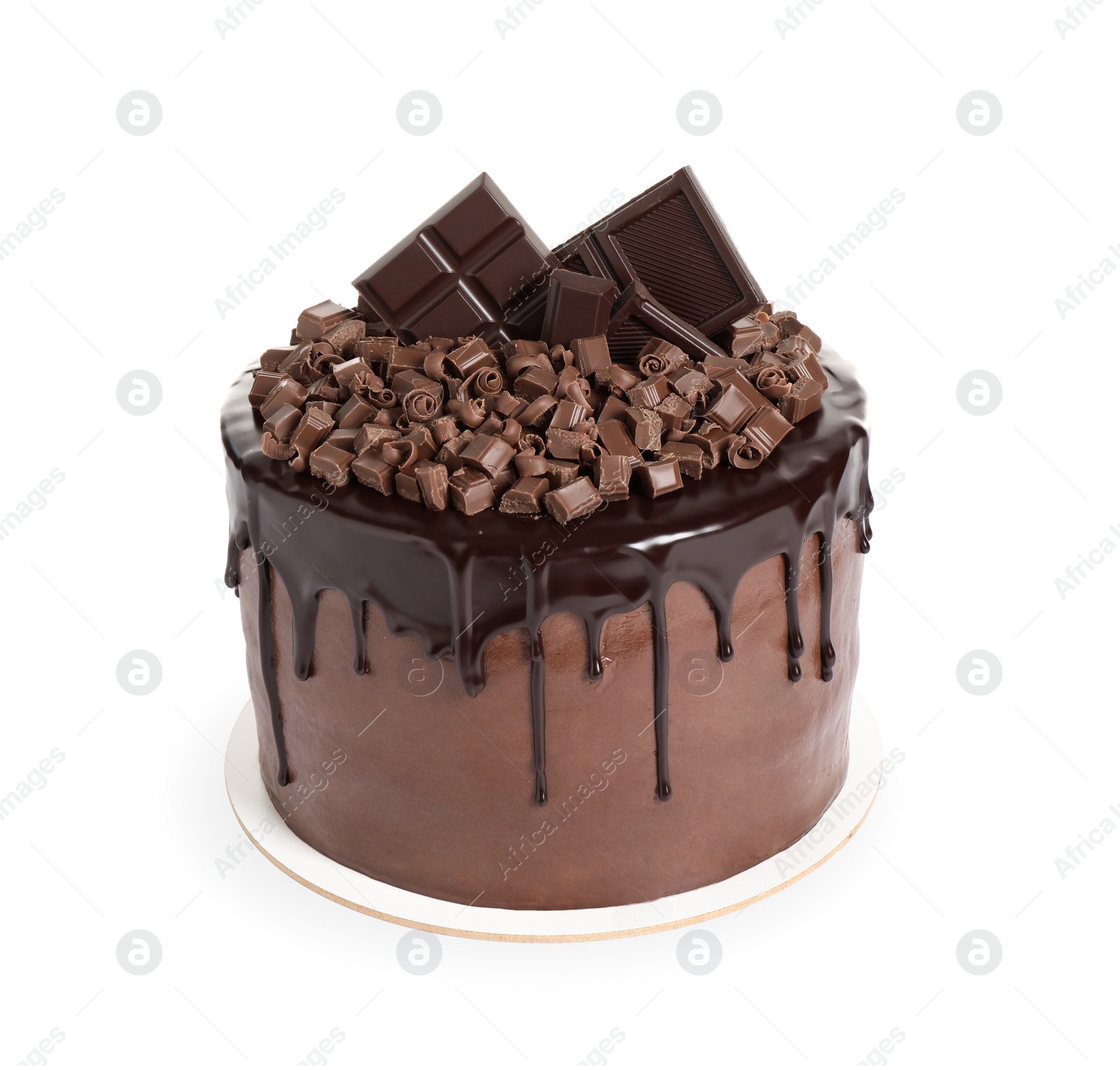 Photo of Freshly made delicious chocolate cake on white background