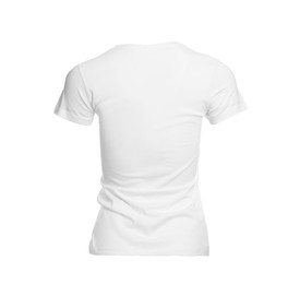 Photo of Mannequin with stylish women's t-shirt isolated on white. Mockup for design