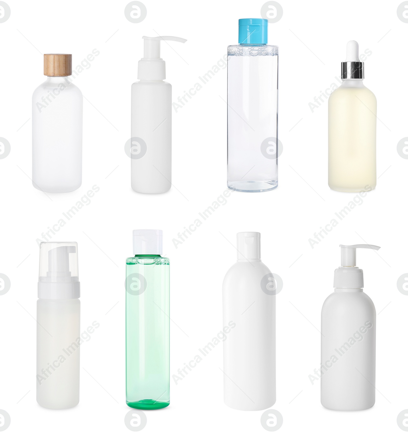 Image of Set of different face cleansers or other cosmetic products isolated on white