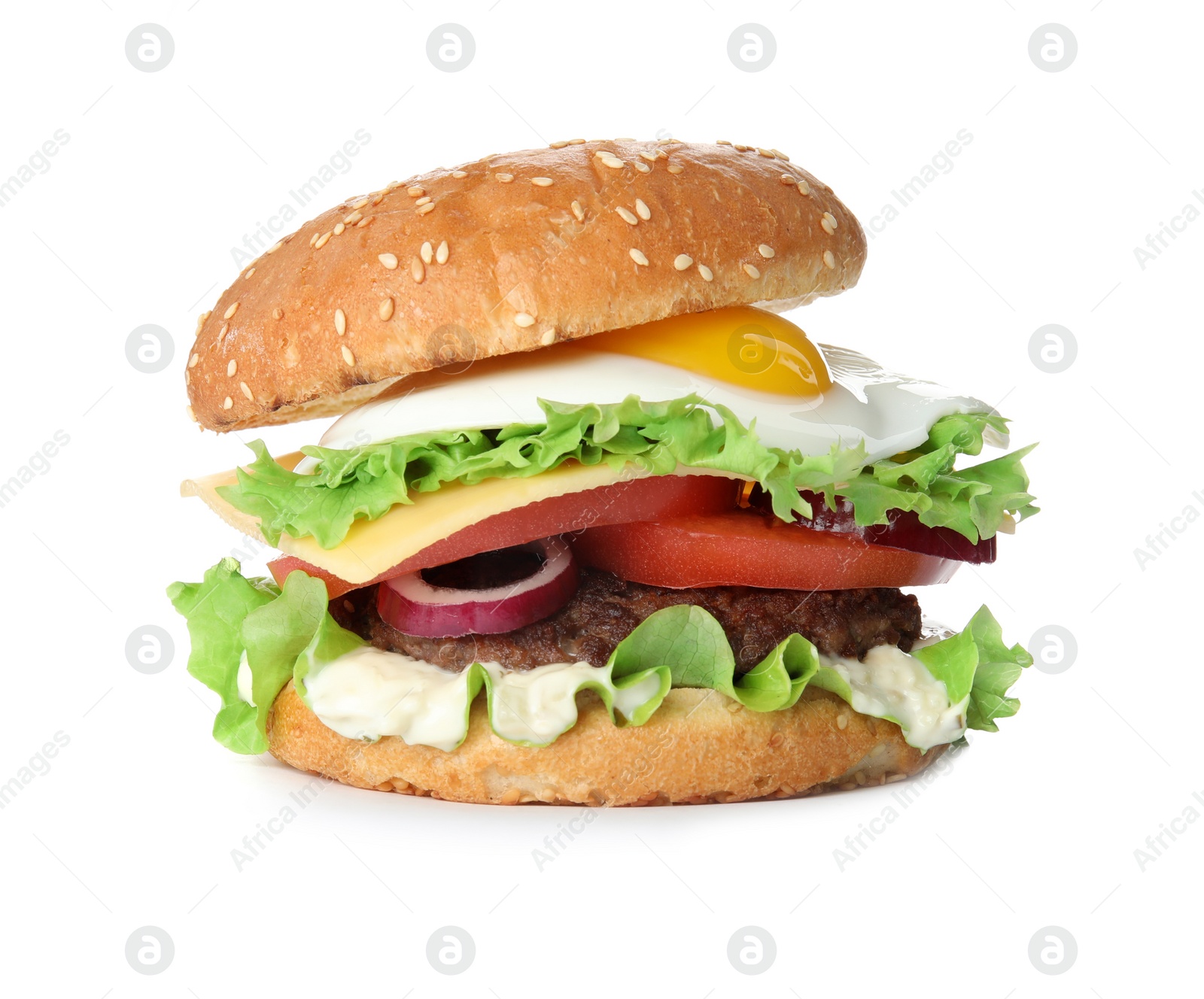 Photo of Tasty burger with fried egg on white background