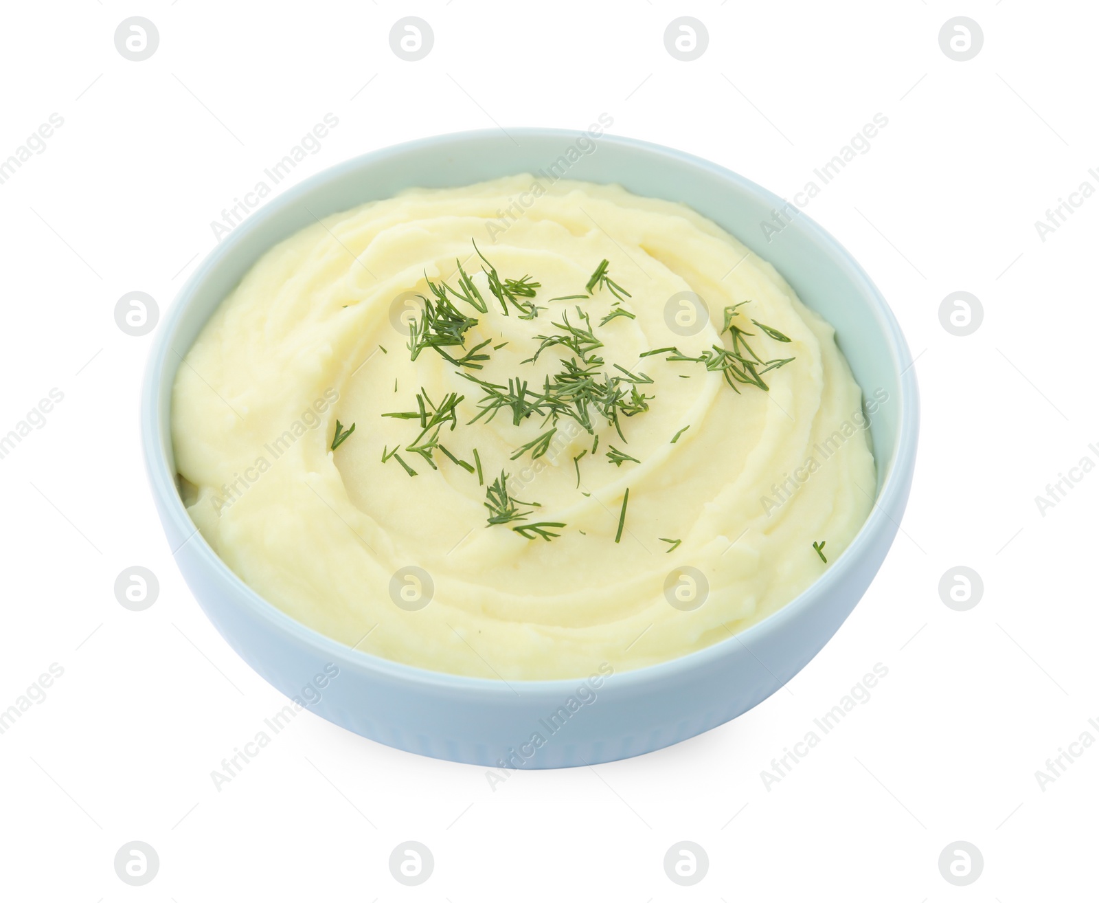 Photo of Bowl with freshly cooked homemade mashed potatoes isolated on white