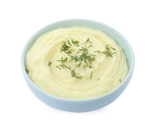 Photo of Bowl with freshly cooked homemade mashed potatoes isolated on white