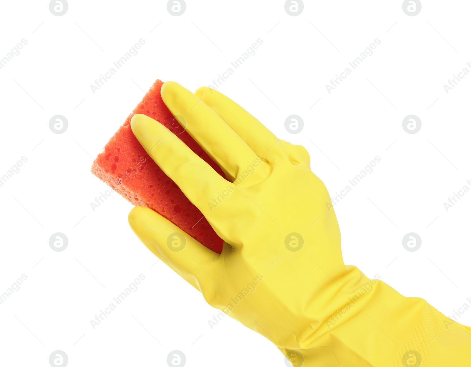 Photo of Person in rubber glove with sponge on white background, closeup of hand