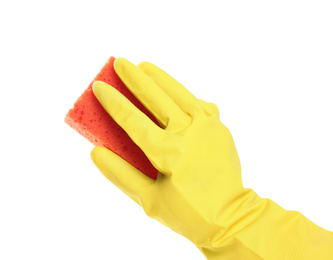 Photo of Person in rubber glove with sponge on white background, closeup of hand