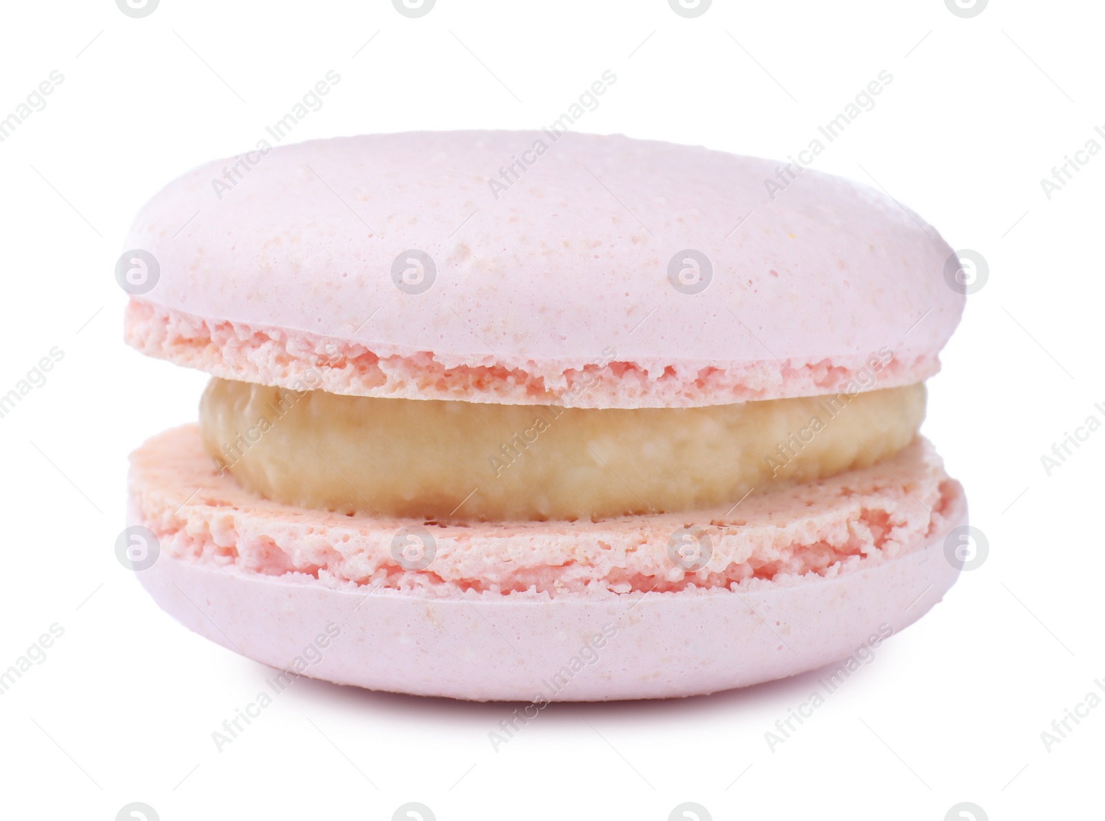 Photo of Pink macaron isolated on white. Delicious dessert