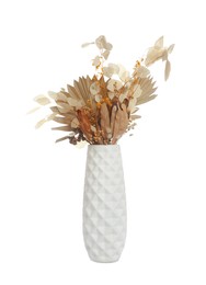 Bouquet of dry flowers and leaves on white background